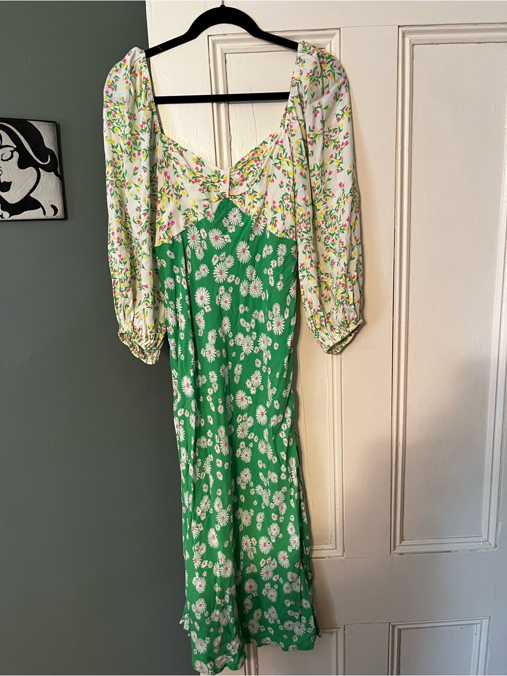 RIXO Green and White Daisy-Print Midi Dress